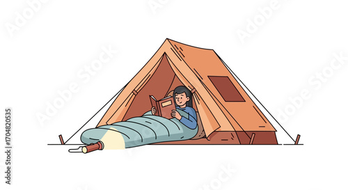 A happy child enjoying a good book while nestled cozily inside a tent, embracing the simple joys of camping and reading outdoors
