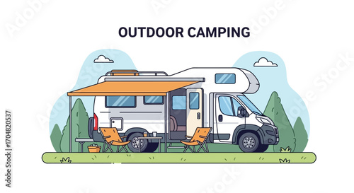 Modern RV camper parked at a campsite with awning extended and chairs set up, ready for an outdoor adventure in a natural setting, illustrating the freedom of road trips and camping