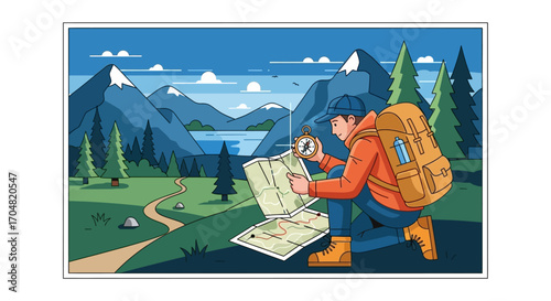 Illustrative scene of a hiker with a backpack studying a map and compass to navigate a scenic mountain landscape with a lake and forest, embodying adventure and outdoor exploration
