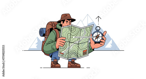 A hiker studying a topographic map and holding a compass, ready to explore mountainous terrain and find their way on an outdoor adventure, symbolizing exploration and discovery with precision
