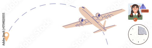 Airplane flying with dashed path to a destination marker, clock symbolizing travel duration, and alert for passenger security. Ideal for travel, transportation, aviation, scheduling, safety