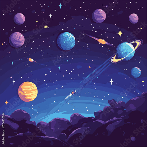 Planets in outer space with satellites, falling meteor and asteroids in dark starry sky