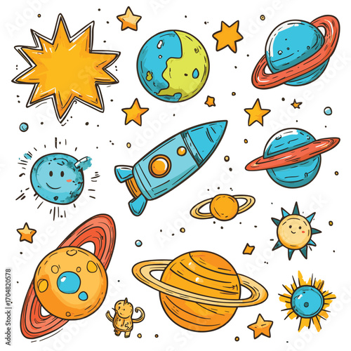 cute outer space set cosmic bundle doodle spaceship planet collection naive stellar sticker illustration design clipart , vector style simple color