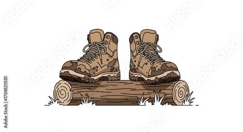 Sturdy, reliable hiking boots resting on a weathered wooden log, ready for adventure on a trail, showcasing outdoor exploration and rugged footwear for trekking