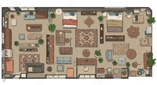 apartment floor plan showcasing modern interior design and stylish furniture arrangement in a residential space perfect for architectural visualization and real estate marketing.