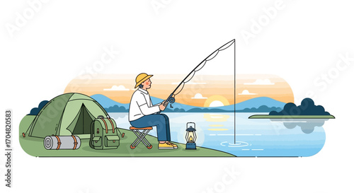 Fishing trip in a serene landscape, with a tent, backpack, and lantern set up by a calm lake under a beautiful sunset, symbolizing leisure and outdoor adventure