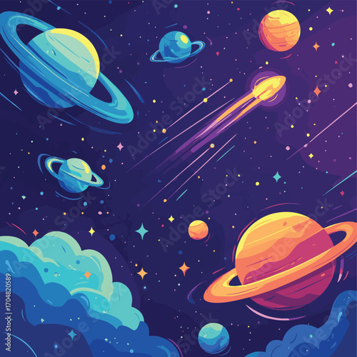 Planets in outer space with satellites, falling meteor and asteroids in dark starry sky