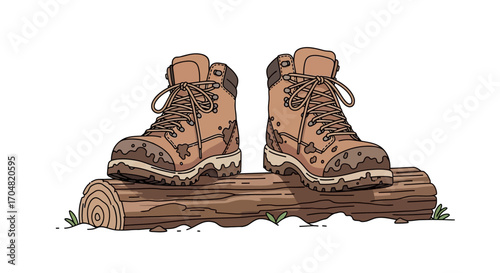 A pair of sturdy, muddy hiking boots resting on a weathered log, symbolizing outdoor adventures, exploration, and the call of the wild for nature enthusiasts and avid trekkers