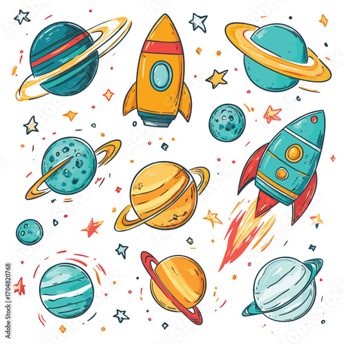 cute outer space set cosmic bundle doodle spaceship planet collection naive stellar sticker illustration design clipart , vector style simple color