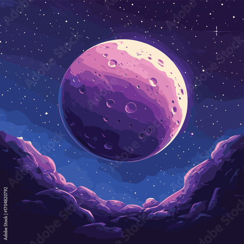 Cartoon space banner with purple planet surface with craters on night galaxy sky , vector style simple color