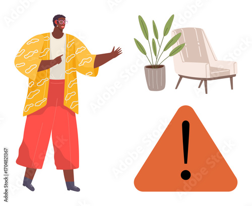 Individual in vibrant outfit pointing toward indoor decor with armchair and plant. Nearby warning symbol suggests caution. Ideal for safety, decor, design ideas, home awareness, warnings, lifestyle