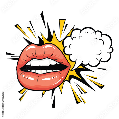 Pop art illustration of glossy red lips with a speech bubble and explosion.