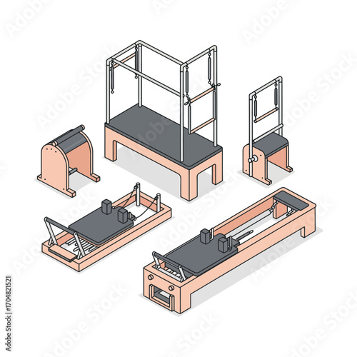 pilates machines complete set of pilates equipment illustrating fitness training strength conditioning and rehabilitation exercises healthy lifestyle