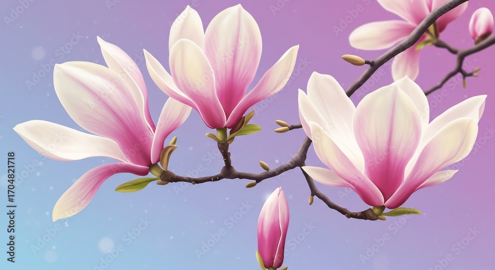 Fototapeta premium 優美なピンク白 マグノリア 花 春の柔らかな光. AI Generated