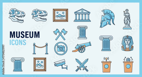 museum icons set showing various artifacts and exhibits perfect for history education and cultural heritage projects demonstrating archaeology and preservation.
