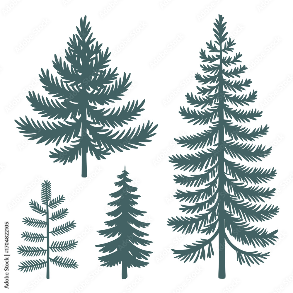 Obraz premium Four stylized evergreen trees in a silhouette style