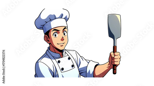 Cartoon woman chef with a professional chef hat holds a spoon and a ladle in a restaurant kitchen