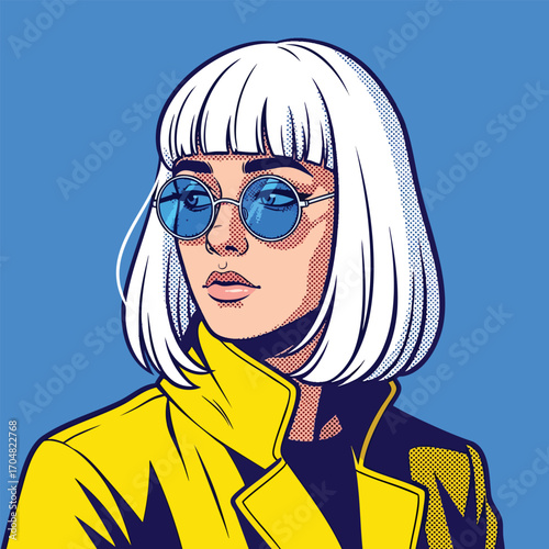 Pop art portrait of a stylish woman with a white bob haircut and blue sunglasses.