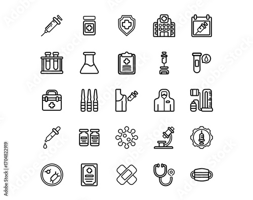 Modern medical research icons for science and healthcare innovation, diagnostic tools and laboratory equipment