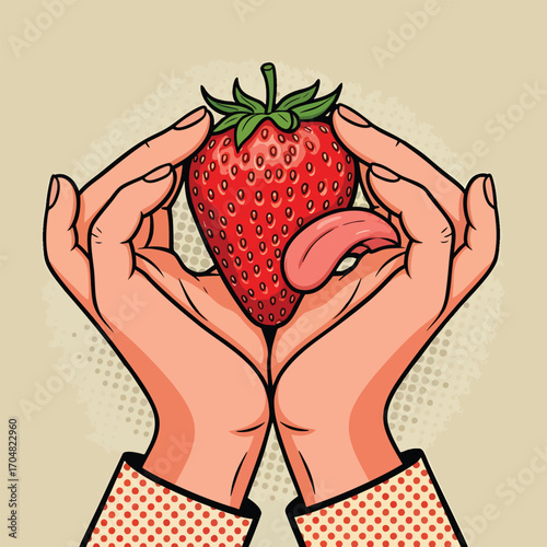 Pop art style illustration of hands holding a large red strawberry with a tongue licking it.