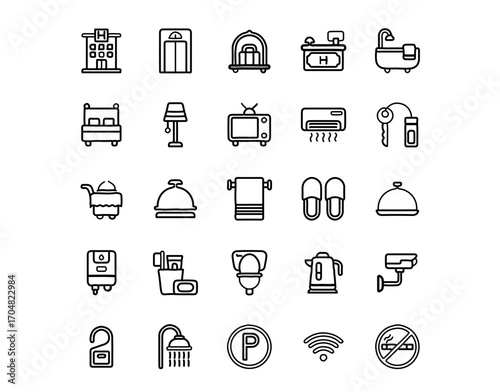 Modern hotel icons for booking apps, websites, and travel guides offering essential amenities and services.