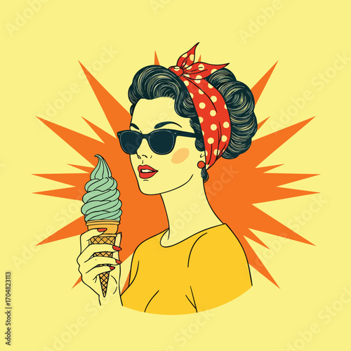 Retro pop art illustration of a stylish woman with sunglasses and a bandana holding an ice cream cone.