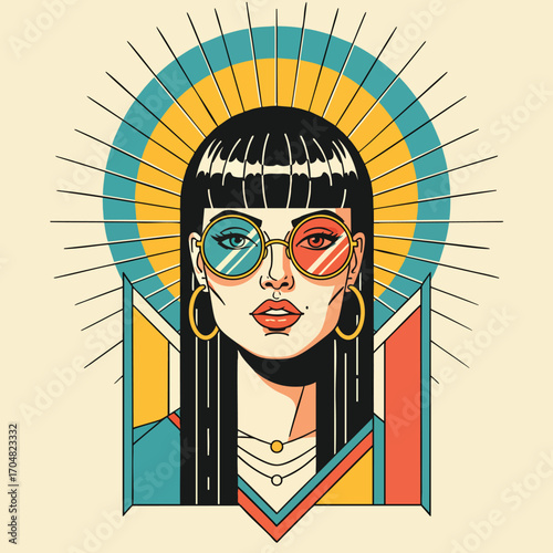 Retro pop art portrait of a stylish woman with black bangs colorful round sunglasses and a radiant halo.