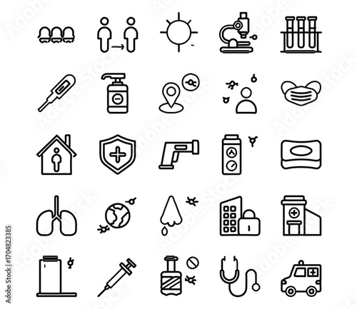 Essential health icons for safety awareness, medical care, and pandemic prevention strategies