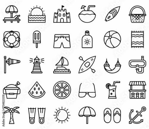 Vibrant summer icons capture beach vacation fun, sun, and relaxation.
