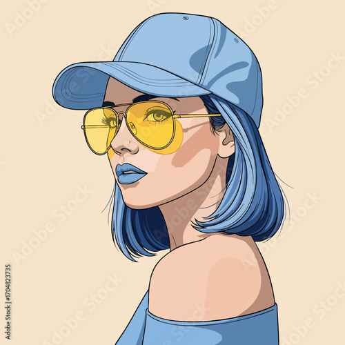 Stylish illustrated woman with blue bob hair a matching baseball cap and yellow aviator sunglasses.