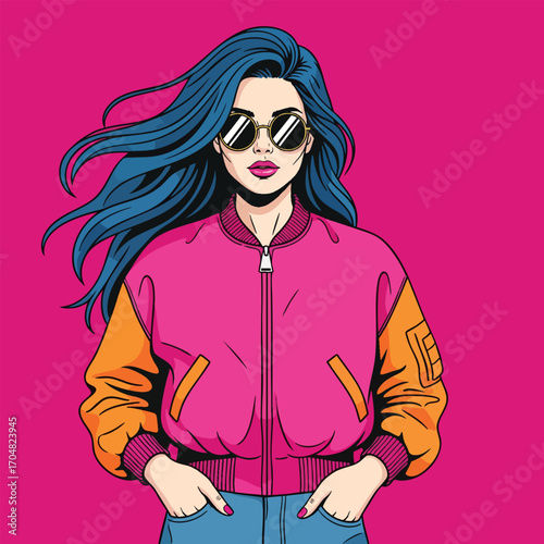 Stylish pop art illustration of a cool woman with flowing blue hair wearing a pink bomber jacket and sunglasses.