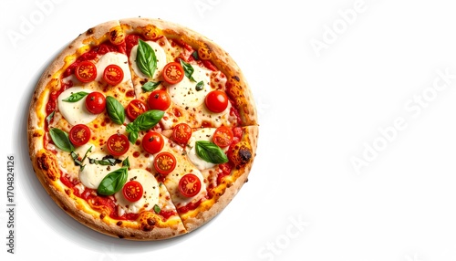 Hot Pizza with Mozzarella, Cherry Tomatoes and Basil on White Background