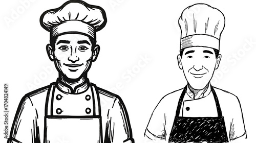 Vector art illustration of male and female chefs in uniform hats, cooking in a kitchen