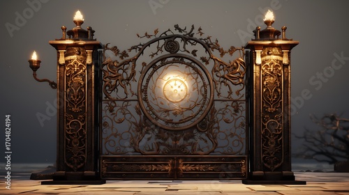 Grand illuminated portal with intricate design and mystical ambiance invites exploration