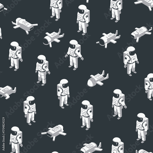 Isometric astronaut pattern exploring space with personal spaceships on a dark background illustrating future space travel and cosmic exploration.