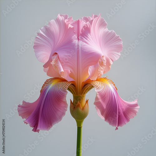 Pink iris flower with long stem and green leaf isolated on white background. Cultivar from Tall Bearded (TB) iris garden group
