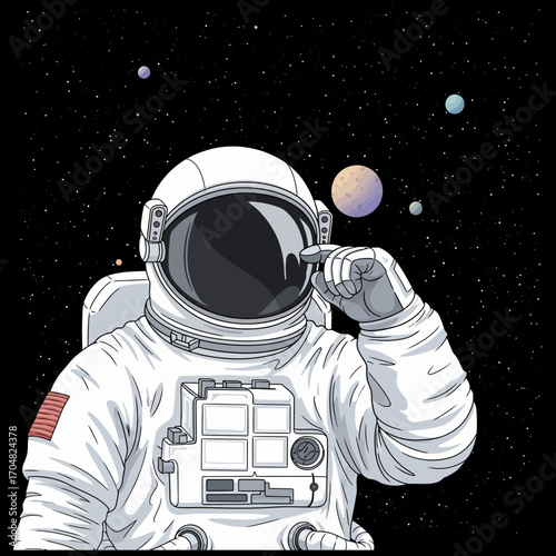 Astronaut contemplates planets in outer space suited up for an interstellar mission floating amid stars ideal for space exploration and science blogs.