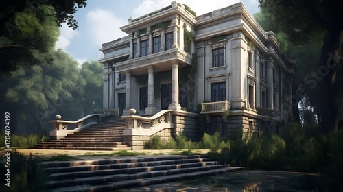 Grandeur meets nature: a serene stately home amidst verdant foliage creating an opulent tranquil