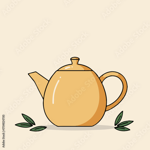 Flat vector illustration of a traditional teapot with steam and tea leaves.