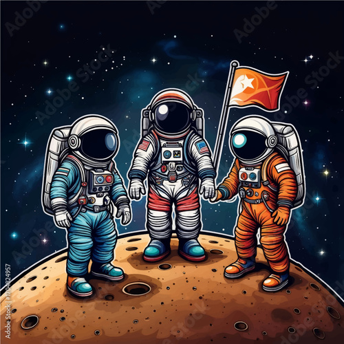 Astronaut team planting flag on moon symbolizing space exploration discovery and teamwork in space perfect for illustrating scientific advancements and future endeavors.
