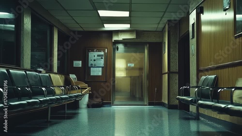 Gloomy Waiting Area: Captivating Visuals of an Empty Waiting Room with Long Benches and Dull