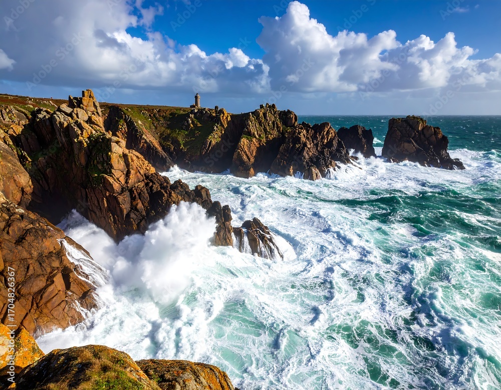 Fototapeta premium Dramatic coastal scene with rough waves crashing against rocky cliffs