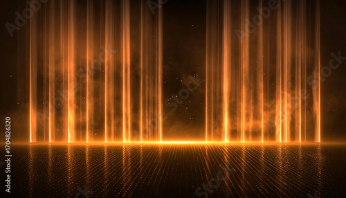 Vertical orange light beams shine down from darkness onto a grid-like surface, creating a futuristic, ethereal scene