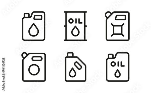 Oil Can and Fuel Container Icons Set  Outline Symbols,Engine Oil, Fuel,