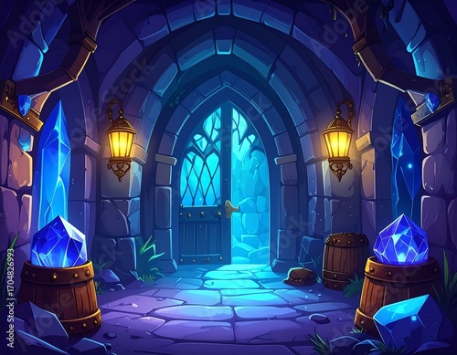 Dark, arched passageway with crystals