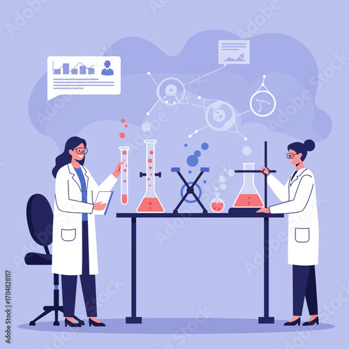 Professional female scientists conduct experiments in a modern laboratory, integrating scientific equipment and digital data analysis for innovative research and development