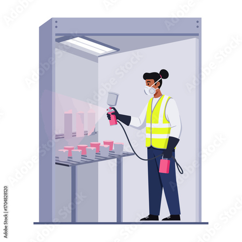 A worker sprays objects in a spray booth, wearing a mask and protective clothing