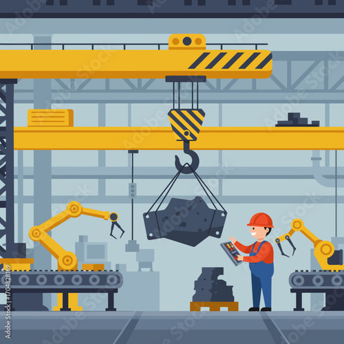 Smart factory concept with an engineer overseeing robotic arms on an assembly line and a heavy industrial crane