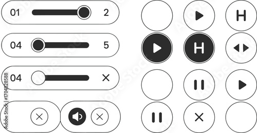 Minimalist audio mixer interface, music control panel, volume sliders, playback buttons, UI/UX soundboard elements, modern sound mixer vector illustration, flat design