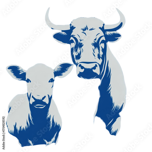 Stylized graphic illustration of a mother cow and calf.